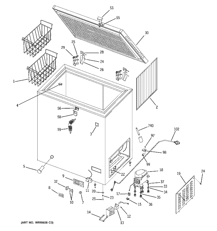 FREEZER Diagram and Parts List for FCM7DSBWH  General Electric Freezer