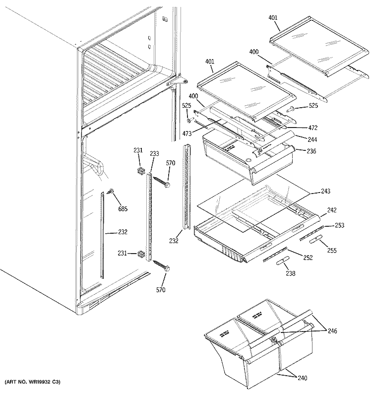 FRESH FOOD SHELVES Diagram and Parts List for GTS18KHPKRCC  General Electric Refrigerator