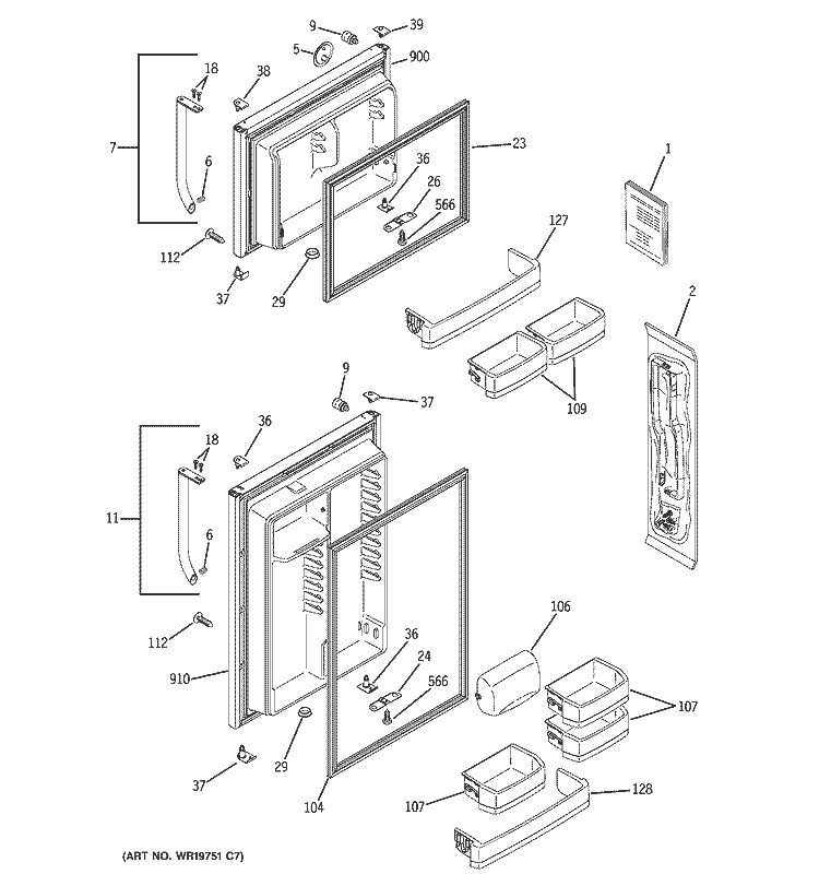 DOORS Diagram and Parts List for GTS18SBSJRSS  General Electric Refrigerator