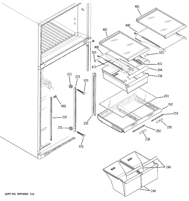 FRESH FOOD SHELVES Diagram and Parts List for GTS18SBSJRSS  General Electric Refrigerator
