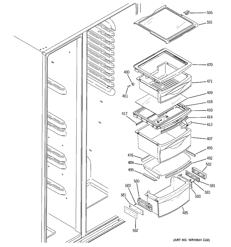 FRESH FOOD SHELVES Diagram and Parts List for GCL22QGTASV  General Electric Refrigerator