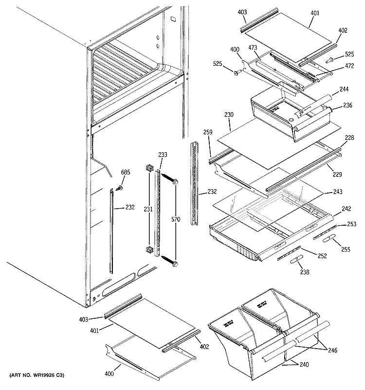 FRESH FOOD SHELVES Diagram and Parts List for DTH18ZBSKRWW  General Electric Refrigerator