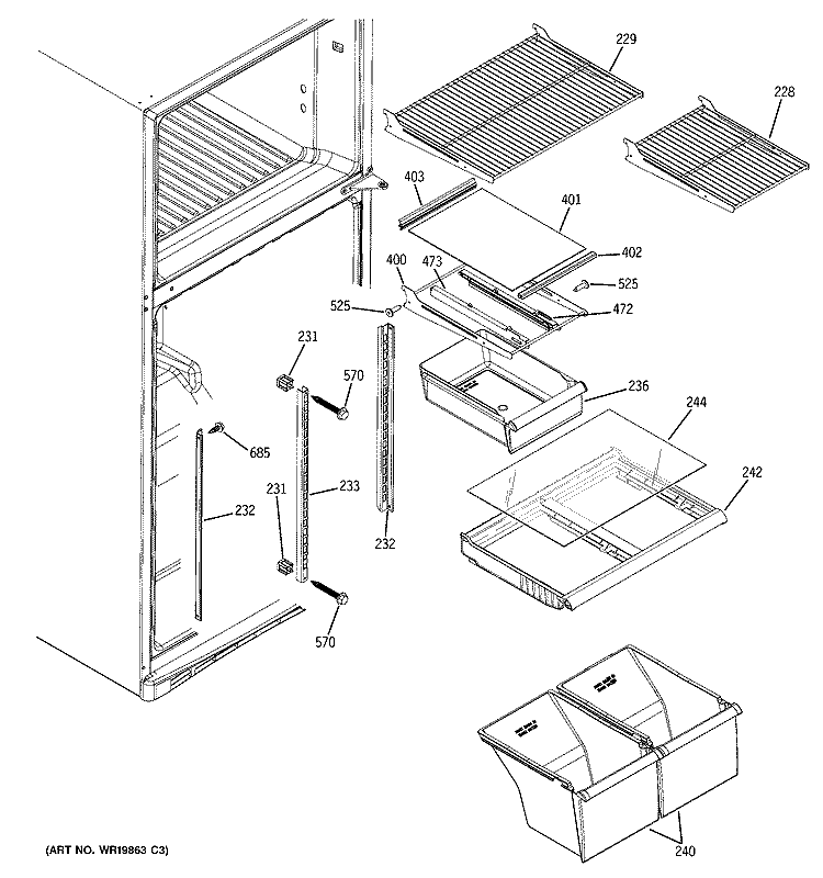 FRESH FOOD SHELVES Diagram and Parts List for GTH18DBRKRCC  General Electric Refrigerator