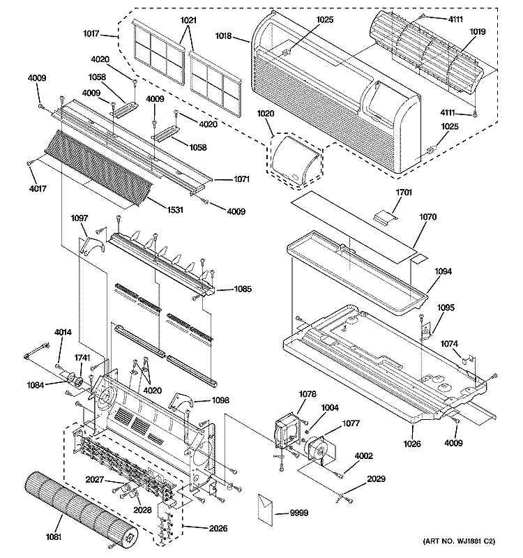 GRILLE & CHASSIS PARTS Diagram and Parts List for AZ58H15DACM1  General Electric Air Conditioner