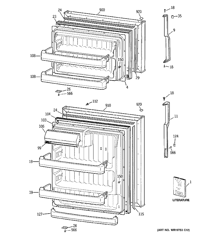 DOORS Diagram and Parts List for CTS18FBSELWW  General Electric Refrigerator