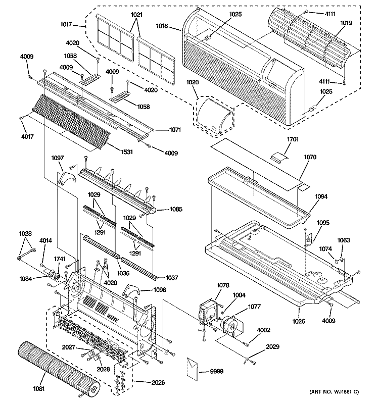 GRILLE & CHASSIS PARTS Diagram and Parts List for AZ58H09EADM1  General Electric Air Conditioner