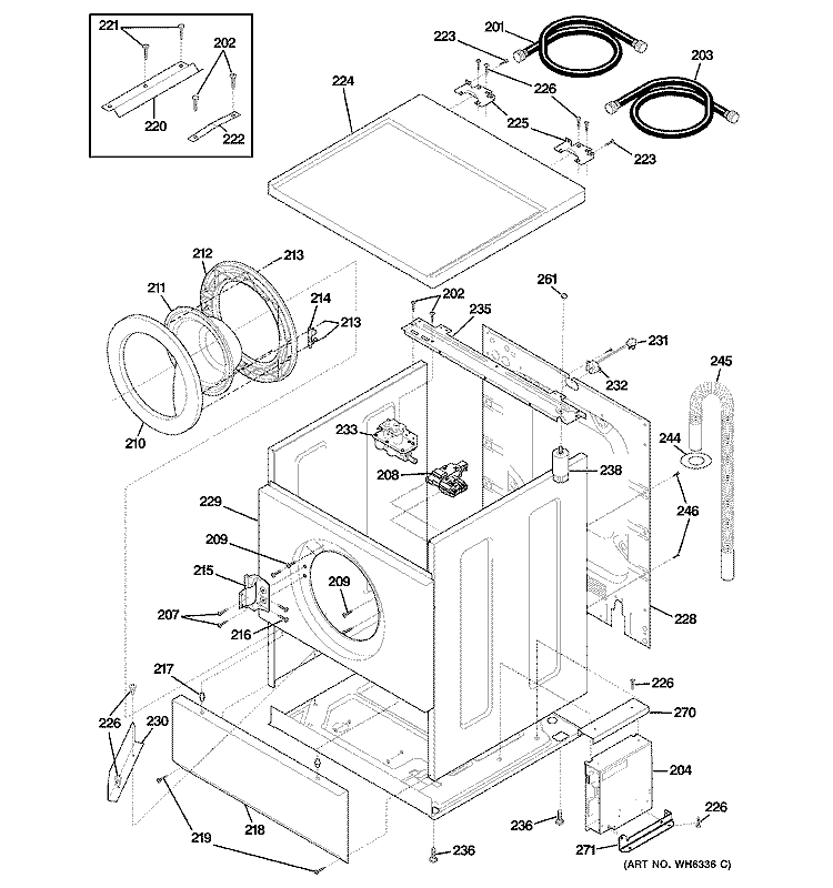CABINET, DOOR & TOP Diagram and Parts List for WSXH208F1WW  General Electric Washer