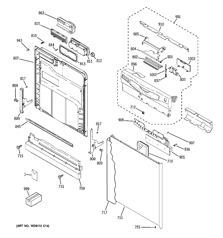 ESCUTCHEON & DOOR ASSEMBLY Diagram and Parts List for GLD4100L00CC  General Electric Dishwasher