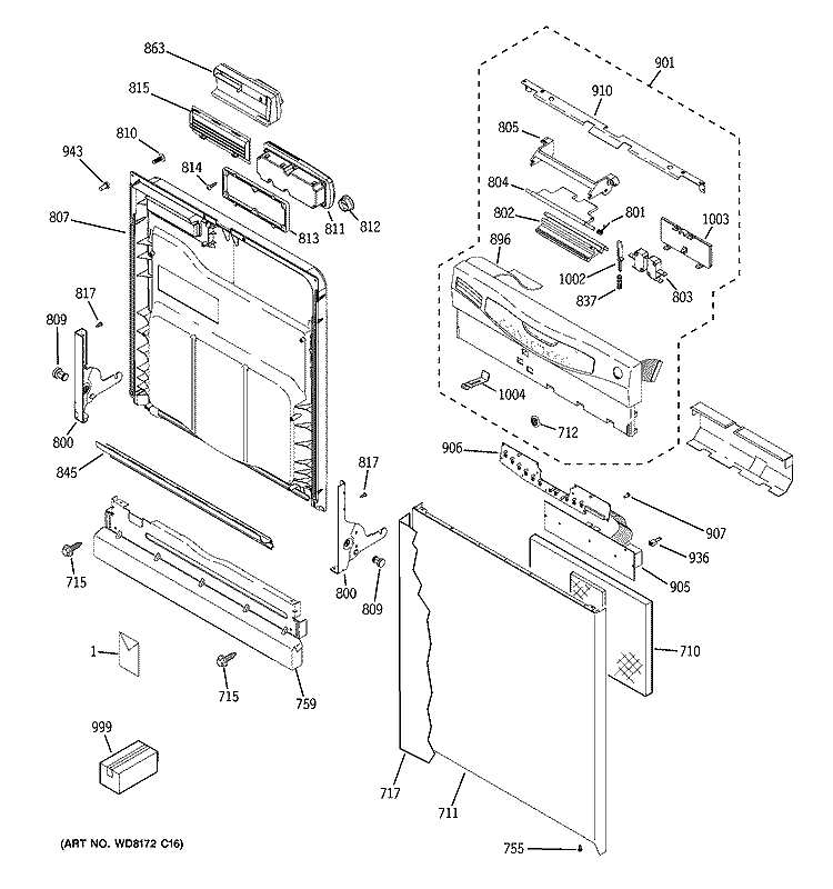 ESCUTCHEON & DOOR ASSEMBLY Diagram and Parts List for GLD5800L00CC  General Electric Dishwasher