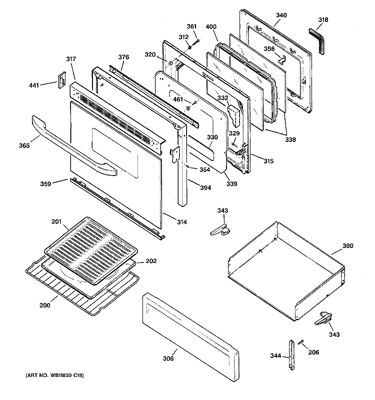 DOOR & DRAWER PARTS Diagram and Parts List for JGBP36WEJ3WW  General Electric Range