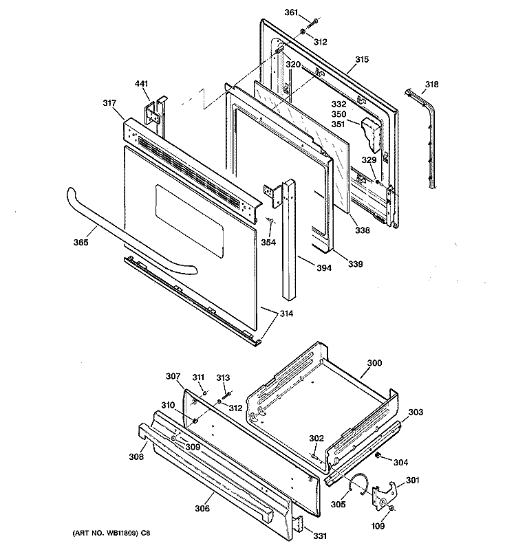 DOOR & DRAWER PARTS Diagram and Parts List for JGBS23SEH5SS  General Electric Range