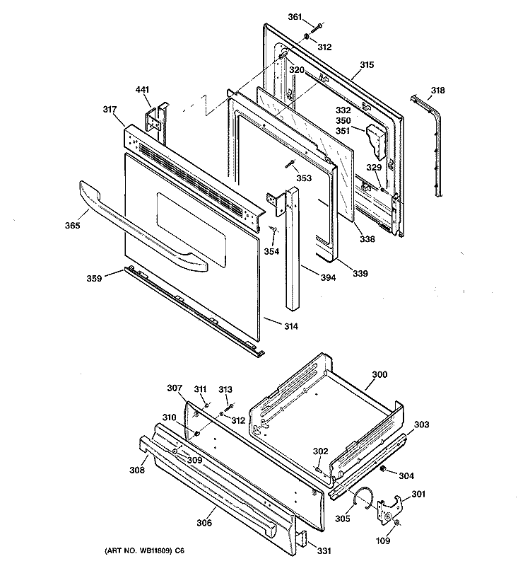 DOOR & DRAWER PARTS Diagram and Parts List for JGBS24BEH4WH  General Electric Range
