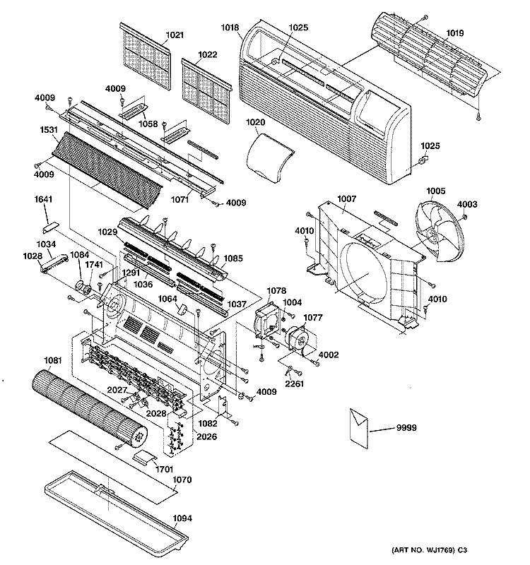 GRILLE & CHASSIS PARTS Diagram and Parts List for AZ55H07EADM1  General Electric Air Conditioner