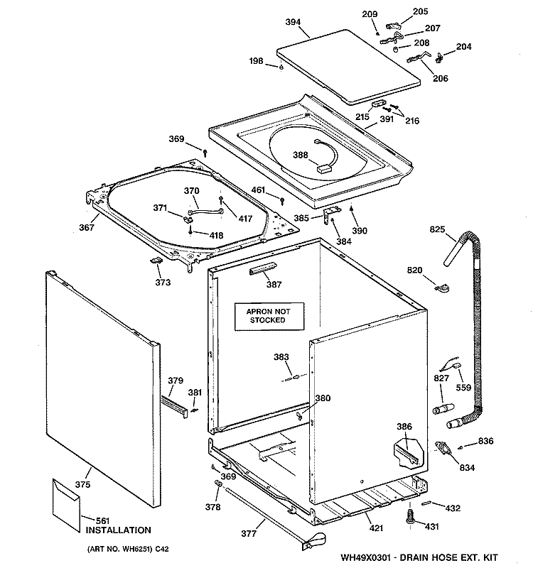 CABINET, COVER & FRONT PANEL Diagram and Parts List for WNCK2050A0WC  General Electric Washer