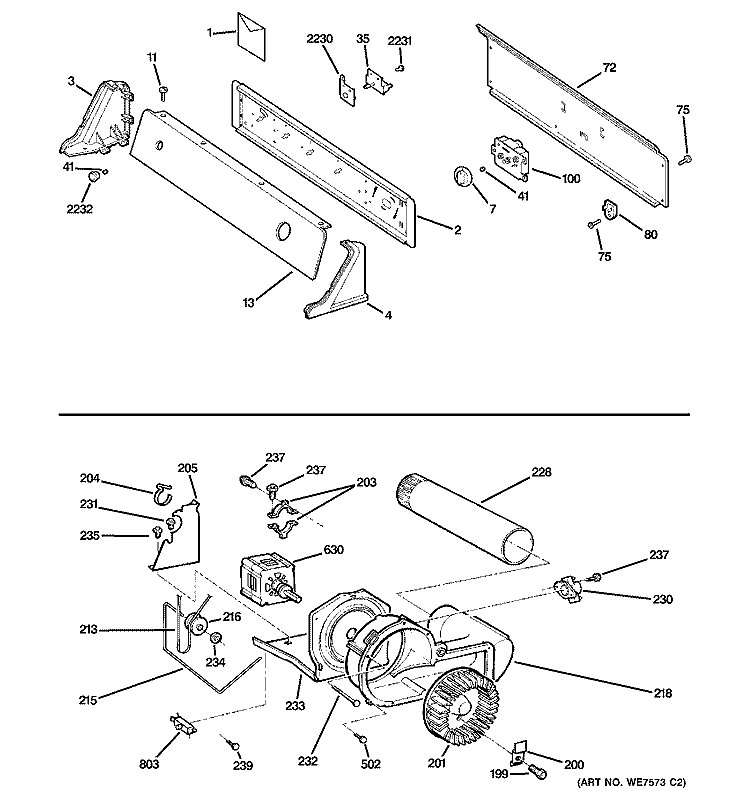 CONTROLS, BACKSPLASH, BLOWER & MOTOR Diagram and Parts List for NVLR223EF0WO  Hotpoint Dryer