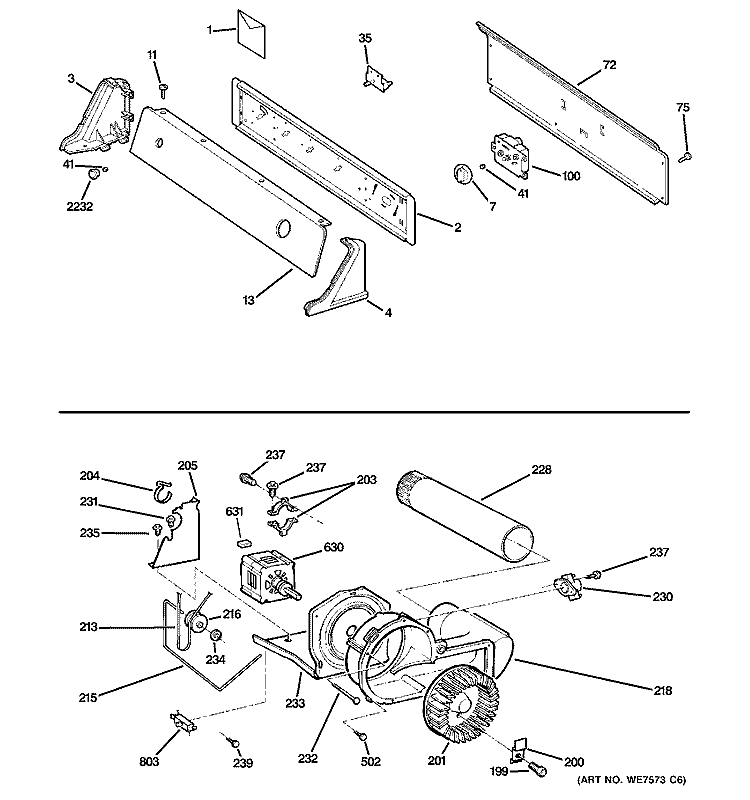 CONTROLS, BACKSPLASH, BLOWER & MOTOR Diagram and Parts List for NVLR223GF1WO  Hotpoint Dryer