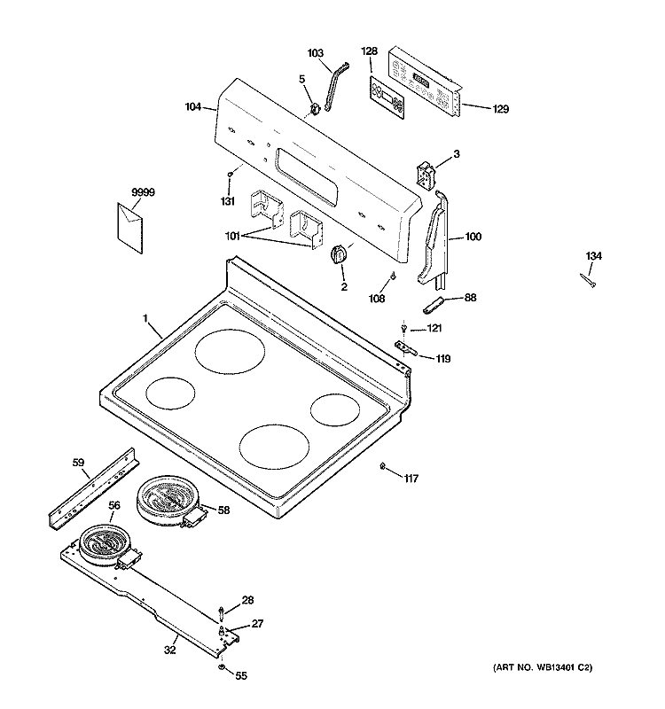 CONTROL PANEL & COOKTOP Diagram and Parts List for JBS56WL1WW  General Electric Range