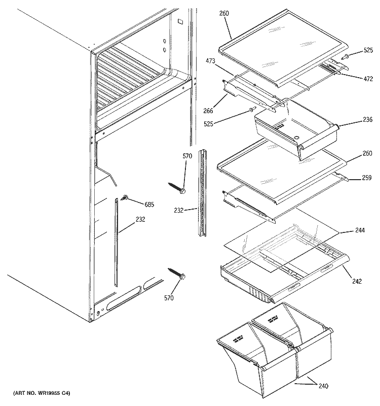 FRESH FOOD SHELVES Diagram and Parts List for DTL18ICSVRBS  General Electric Refrigerator