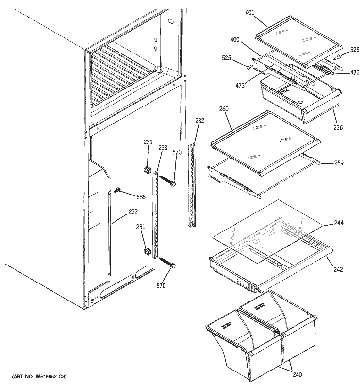 FRESH FOOD SHELVES Diagram and Parts List for GTL18PBRVRBS  General Electric Refrigerator