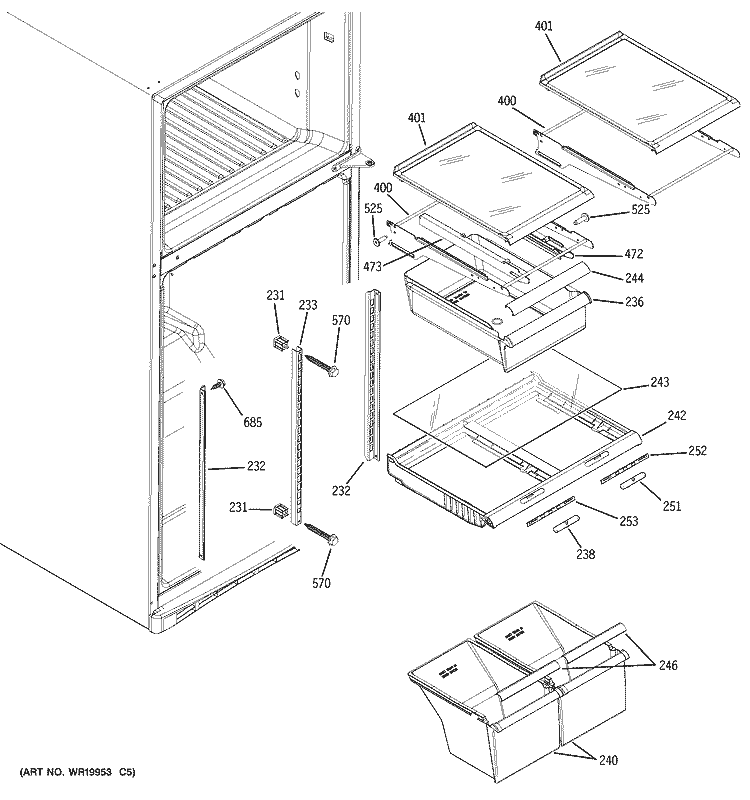 FRESH FOOD SHELVES Diagram and Parts List for GTS18SBSVRSS  General Electric Refrigerator