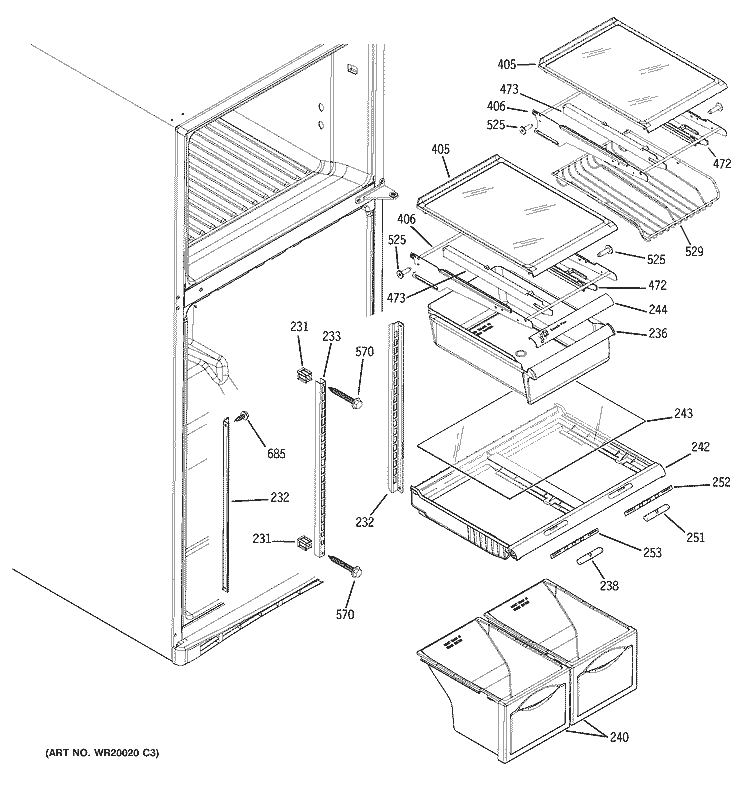 FRESH FOOD SHELVES Diagram and Parts List for PTS18SBSVRSS  General Electric Refrigerator