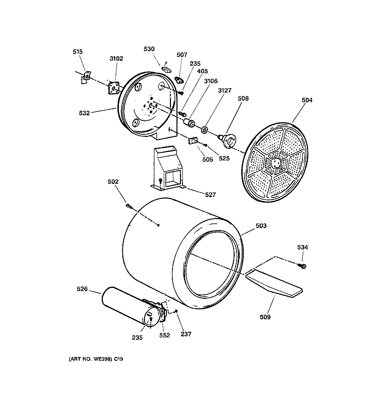 DRUM Diagram and Parts List for DZSR483GF0GG  General Electric Dryer