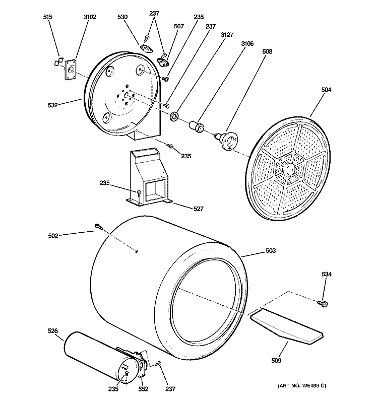 DRUM Diagram and Parts List for DCVH515GF0WW  General Electric Dryer