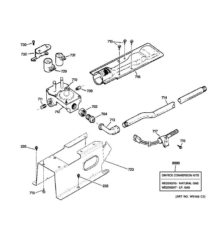 GAS VALVE & BURNER ASSEMBLY Diagram and Parts List for DHDVH52GF0GG  General Electric Dryer