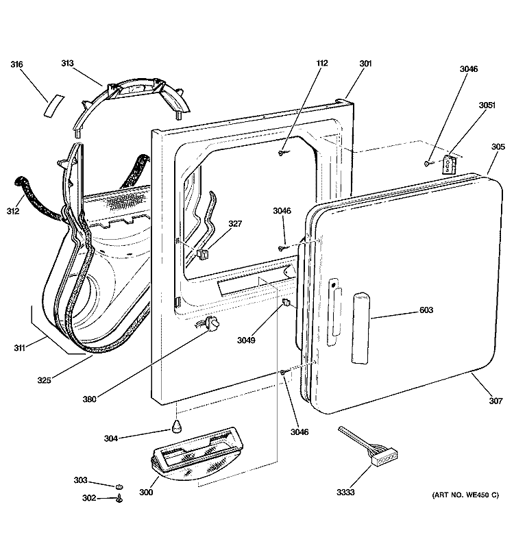 FRONT PANEL & DOOR Diagram and Parts List for DNCD450GA3WC  General Electric Dryer