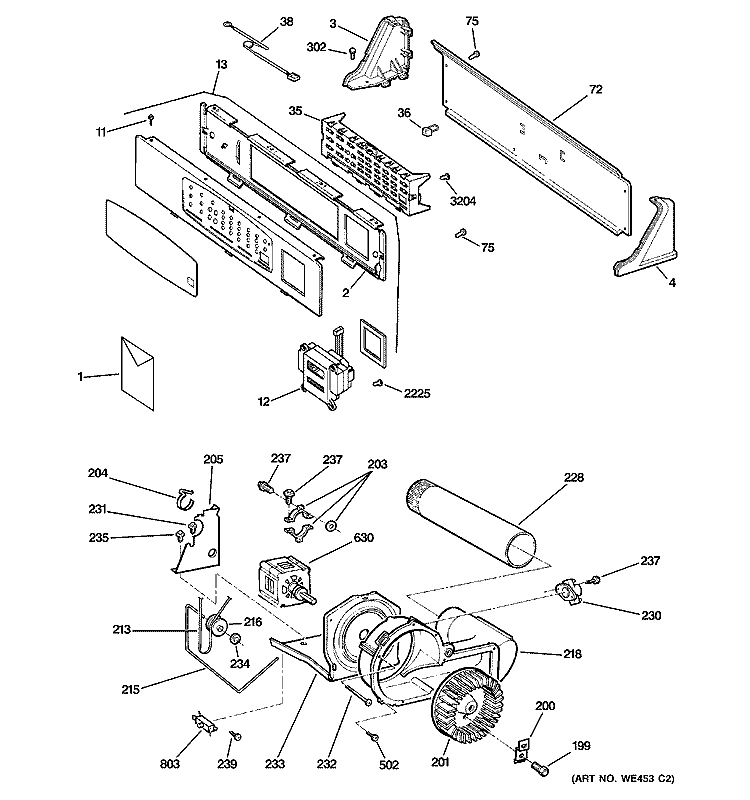 BACKSPLASH, BLOWER & MOTOR ASSEMBLY Diagram and Parts List for DNCK440GA2WC  General Electric Dryer