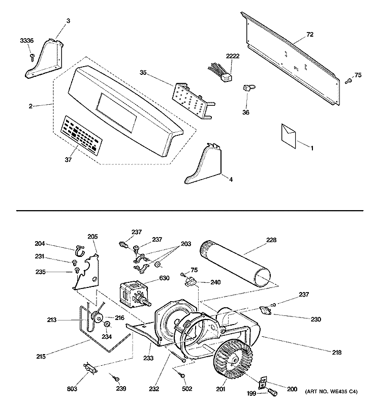 BACKSPLASH, BLOWER & MOTOR ASSEMBLY Diagram and Parts List for DPSB613GD2CC  General Electric Dryer