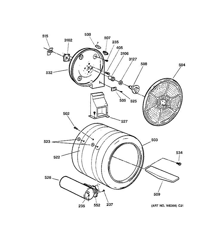 DRUM Diagram and Parts List for DPSB613GD2CC  General Electric Dryer