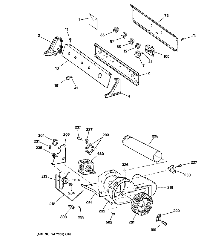 BACKSPLASH, BLOWER & MOTOR ASSEMBLY Diagram and Parts List for DQSR483GE2WW  General Electric Dryer