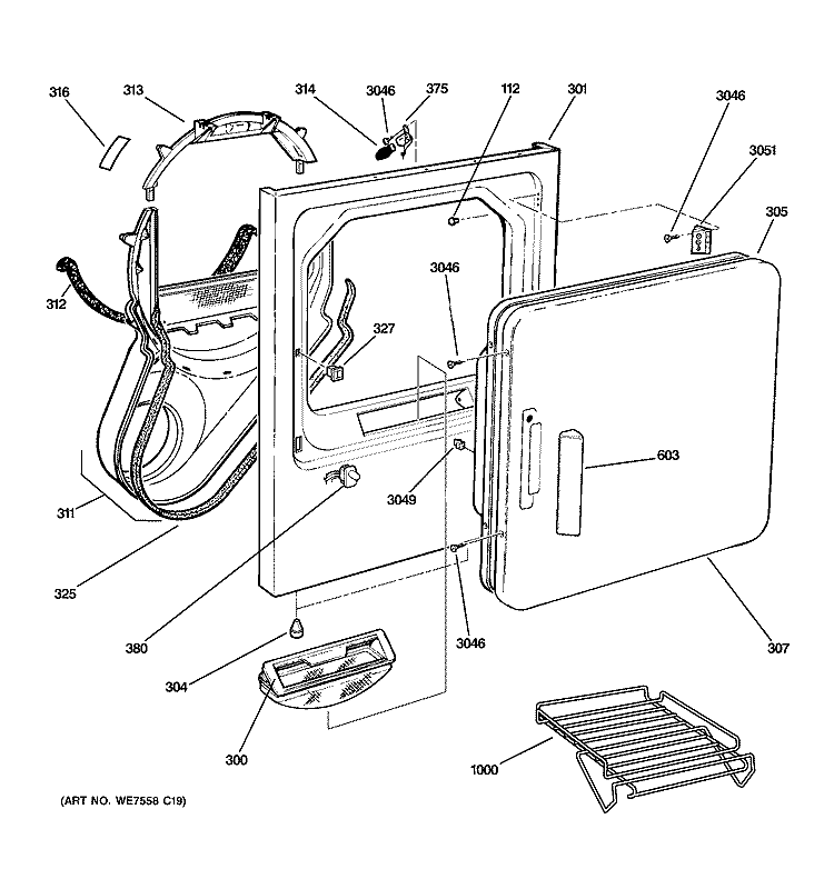 FRONT PANEL & DOOR Diagram and Parts List for DQSR483GE2WW  General Electric Dryer