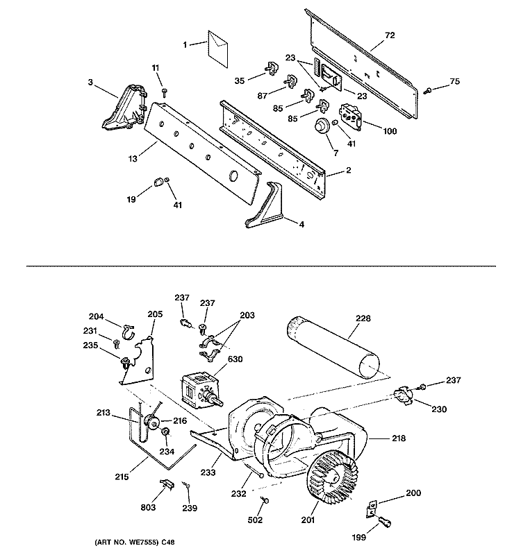 BACKSPLASH, BLOWER & MOTOR ASSEMBLY Diagram and Parts List for DWXR485GB3WW  General Electric Dryer