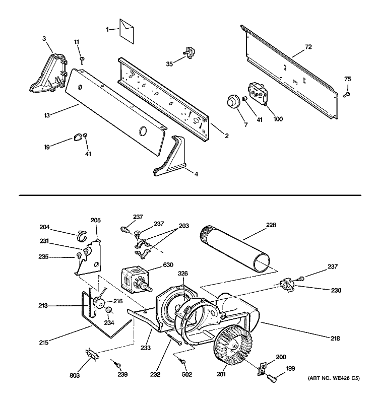 BACKSPLASH, BLOWER & MOTOR ASSEMBLY Diagram and Parts List for DX2300GE2WW  General Electric Dryer