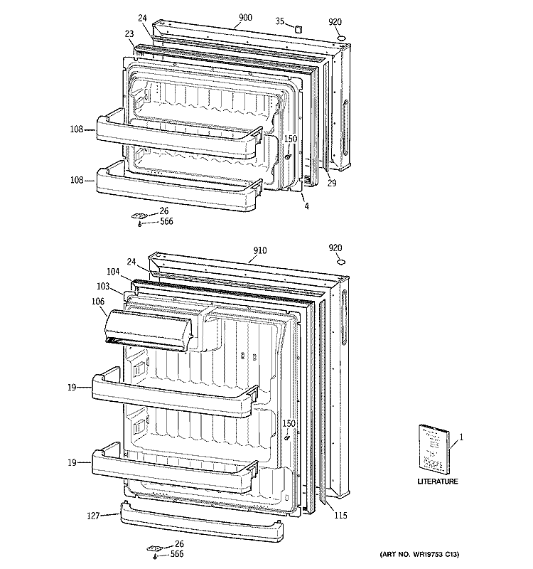 DOORS Diagram and Parts List for GTR18ZBSERWW  General Electric Refrigerator