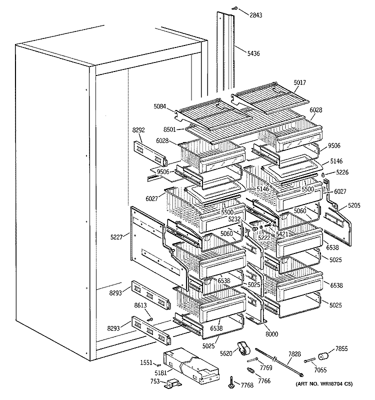 SHELVES & DRAWERS Diagram and Parts List for ZIFS36NMARH  General Electric Freezer