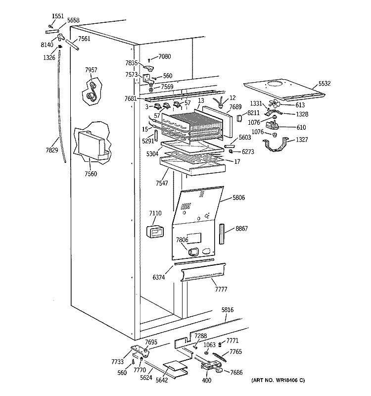 FREEZER SECTION Diagram and Parts List for ZISW36DYB  General Electric Refrigerator