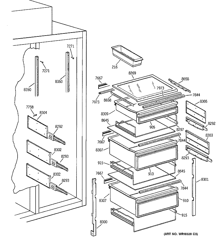 FRESH FOOD SHELVES Diagram and Parts List for ZISW36DYB  General Electric Refrigerator