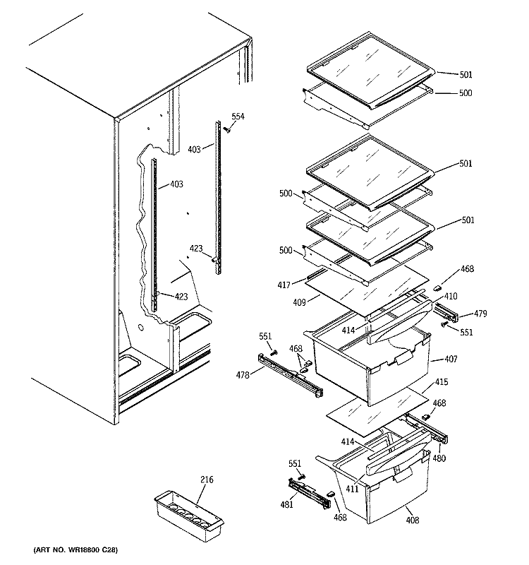FRESH FOOD SHELVES Diagram and Parts List for GSE25KETAFBB  General Electric Refrigerator