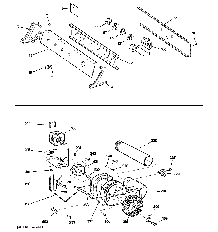 BACKSPLASH, BLOWER & MOTOR ASSEMBLY Diagram and Parts List for DLSR483GE2CC  General Electric Dryer