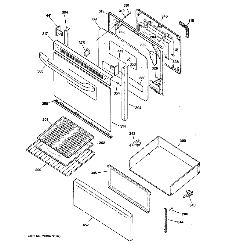 DOOR & DRAWER PARTS Diagram and Parts List for RB757WH2WW  Hotpoint Range