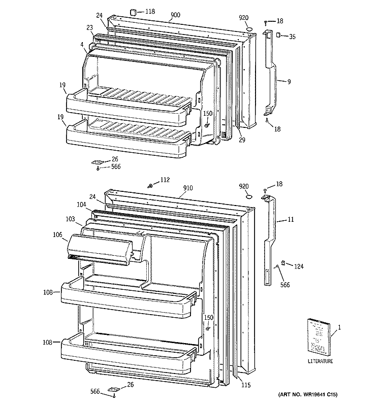 DOORS Diagram and Parts List for GTE16BBSKRWW  General Electric Refrigerator