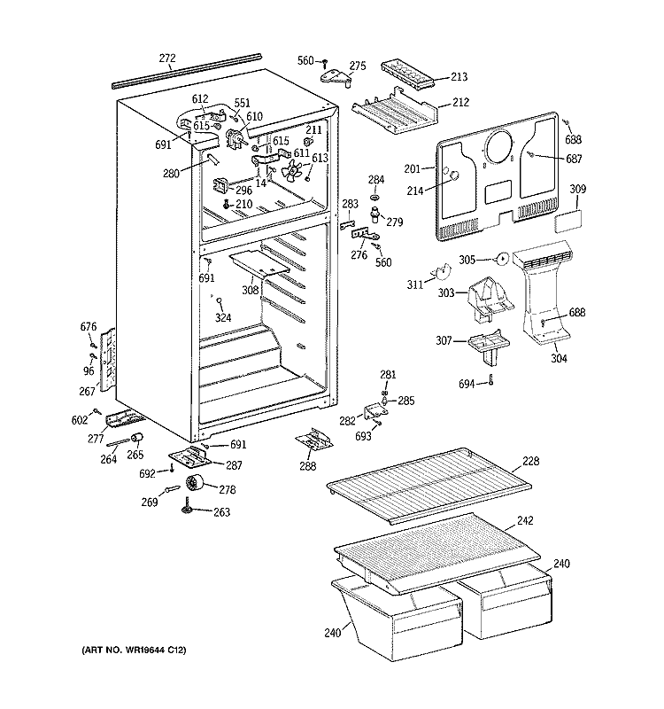 CABINET Diagram and Parts List for GTE16BBSKRWW  General Electric Refrigerator
