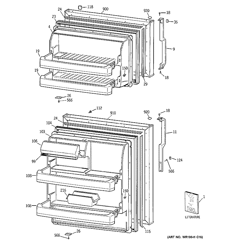 DOORS Diagram and Parts List for GTE17HBSKRWW  General Electric Refrigerator