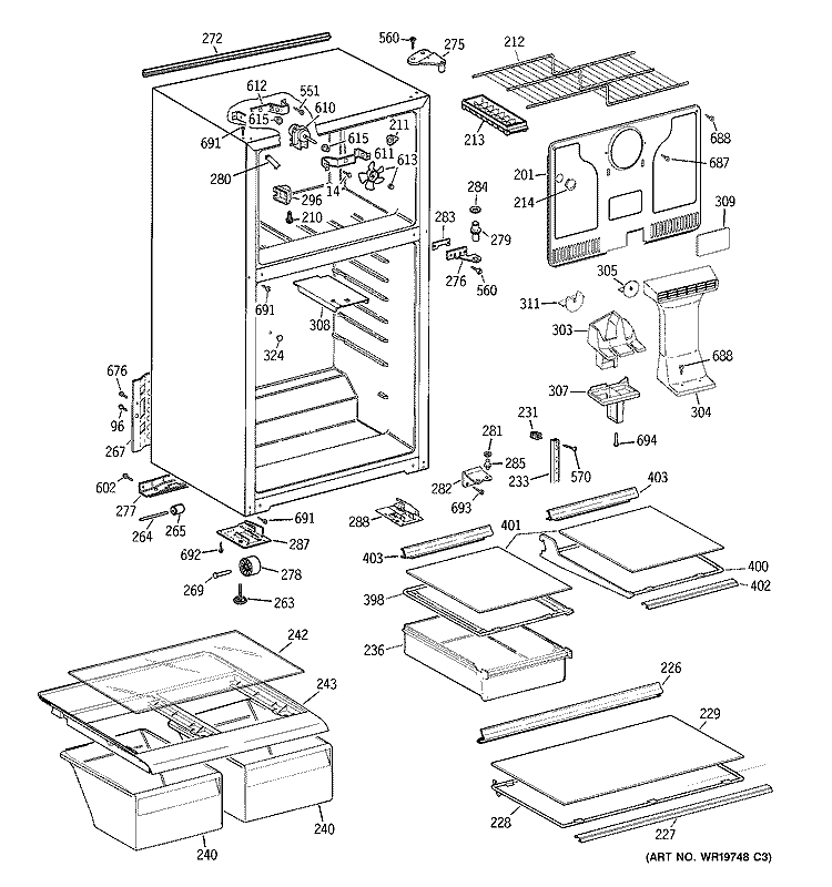 CABINET Diagram and Parts List for GTE17HBSKRWW  General Electric Refrigerator