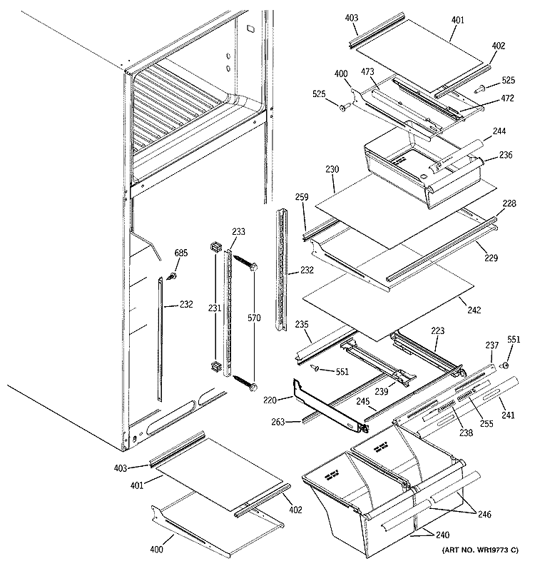 FRESH FOOD SHELVES Diagram and Parts List for DTH18ZBSBRWW  General Electric Refrigerator