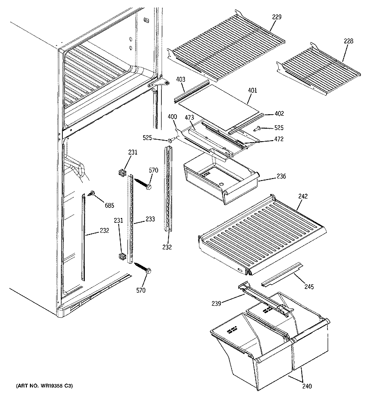 FRESH FOOD SHELVES Diagram and Parts List for GTH18DBRDRCC  General Electric Refrigerator