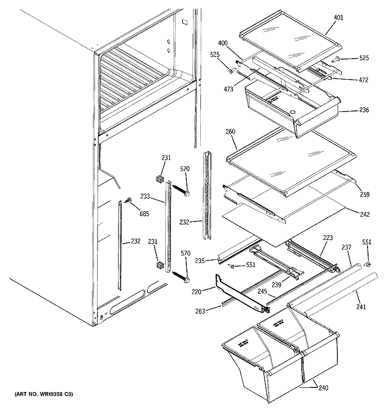 FRESH FOOD SHELVES Diagram and Parts List for GTH18JBRDRCC  General Electric Refrigerator
